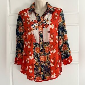 Multiples Floral Patchwork Button Up Blouse Shirt Size Small Boho Lightweight
